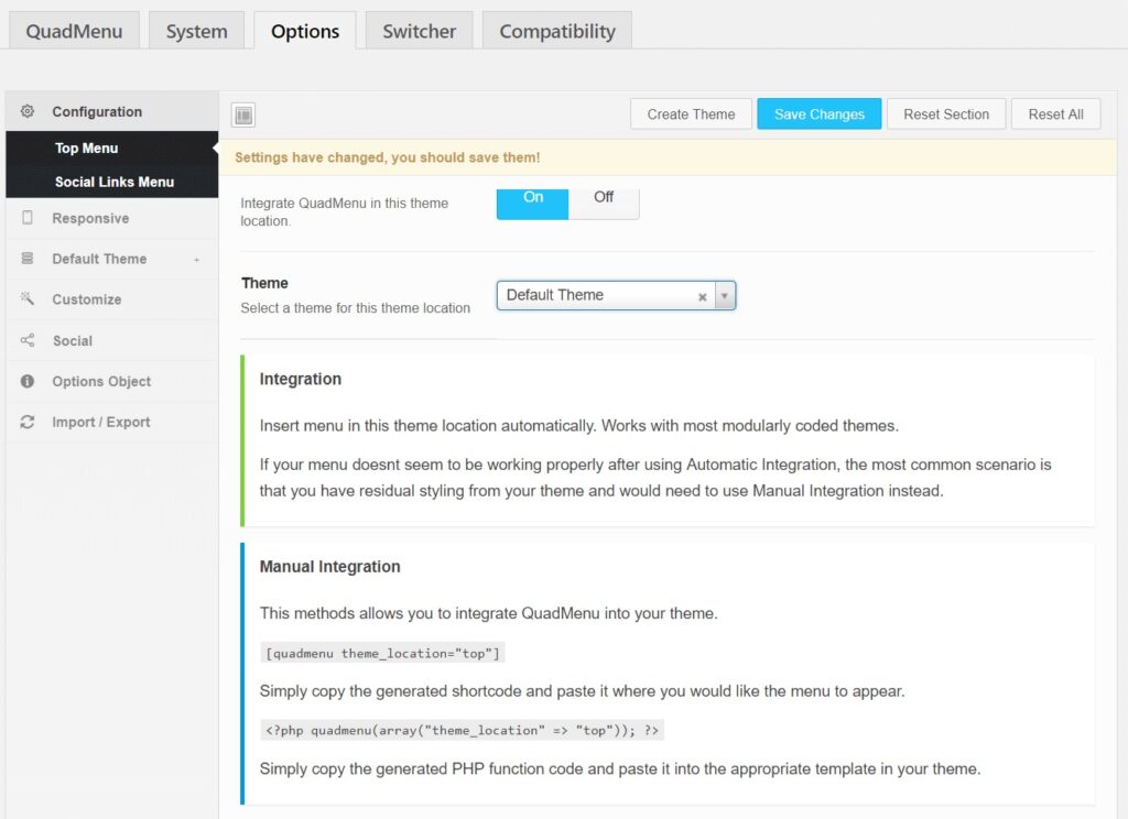 QuadMenu manual integration settings